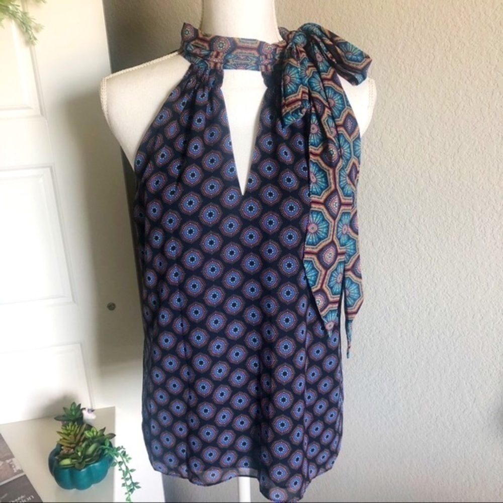 Ramy Brook Choker Tie Neck Halter Blouse Blue Mixed Pattern RN141698